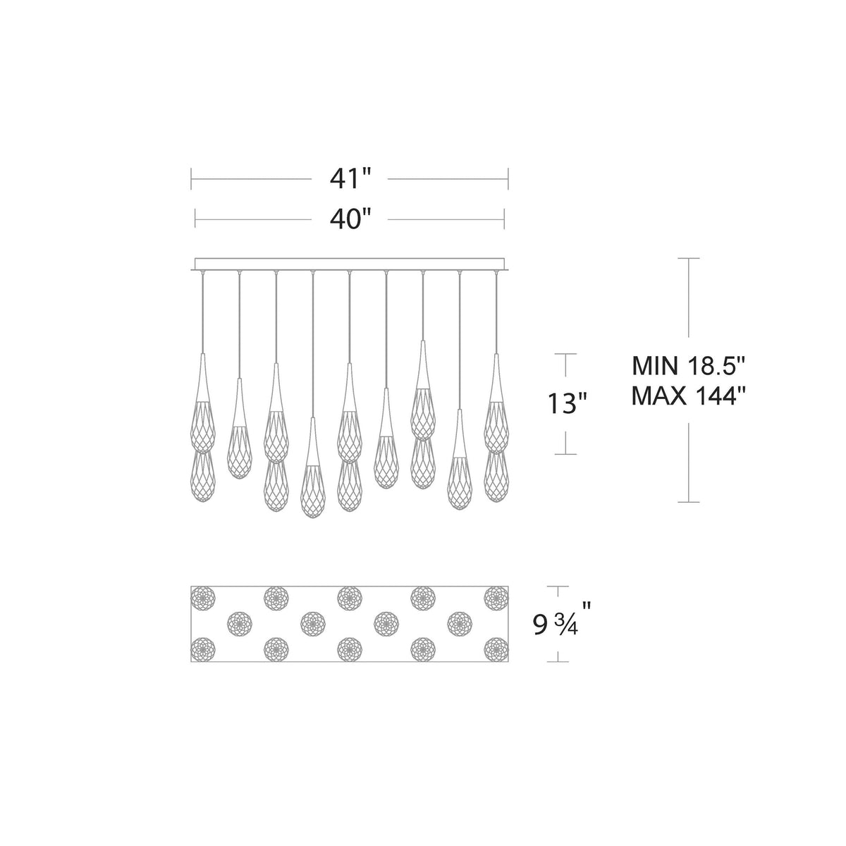 Hibiscus Linear LED Multi Pendant Light - line drawing.