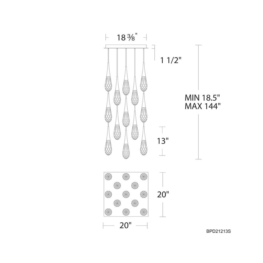 Hibiscus Square LED Multi Pendant Light - line drawing.