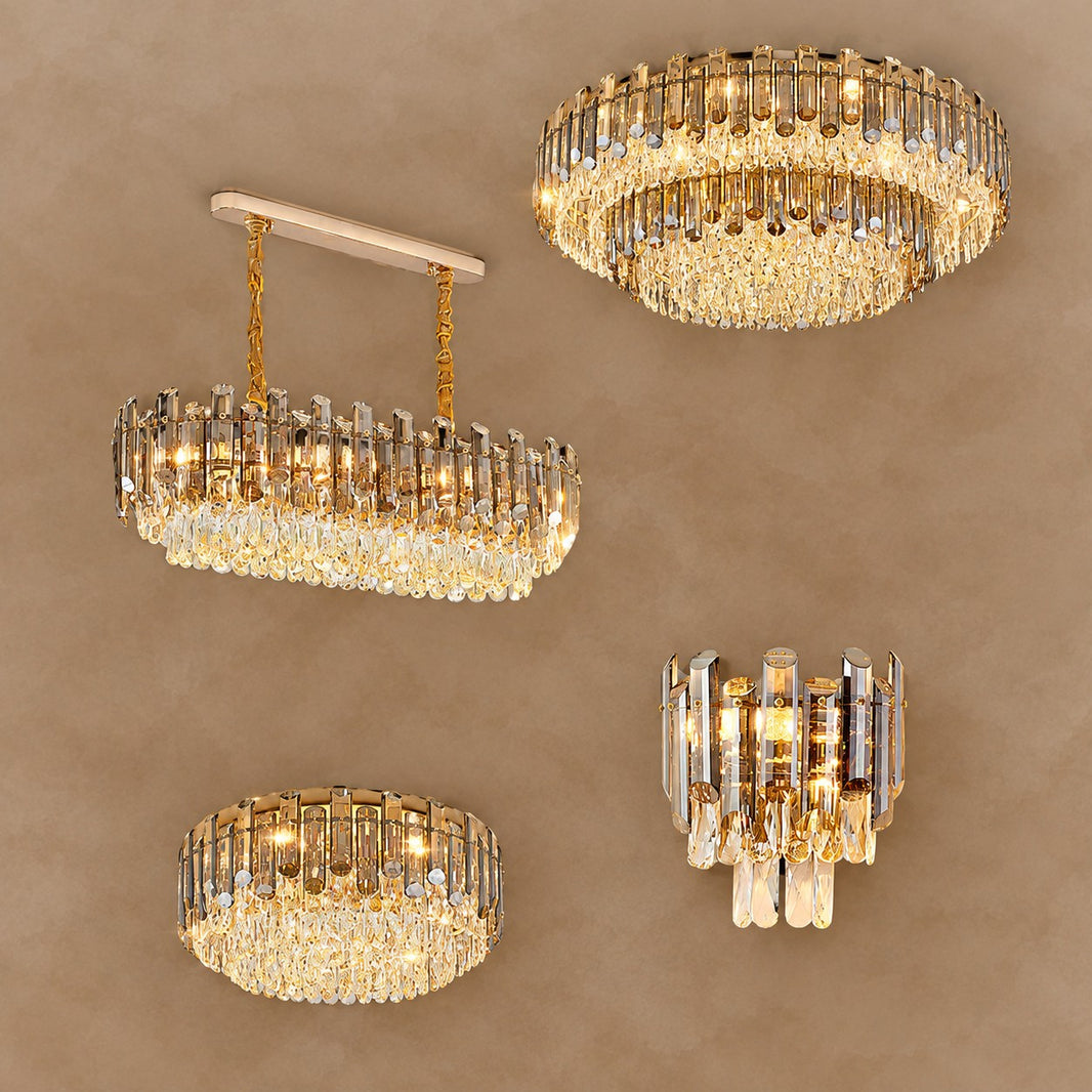 Smoke Gray Crystal Chandelier Flush Mounted Ceiling Light Fitxture Set for Dining Room/Living Room