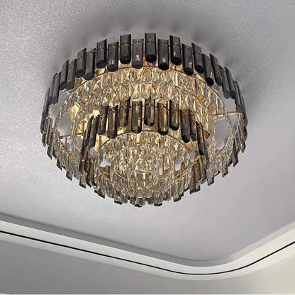 Smoke Gray Crystal Chandelier Flush Mounted Ceiling Light Fitxture Set for Dining Room/Living Room