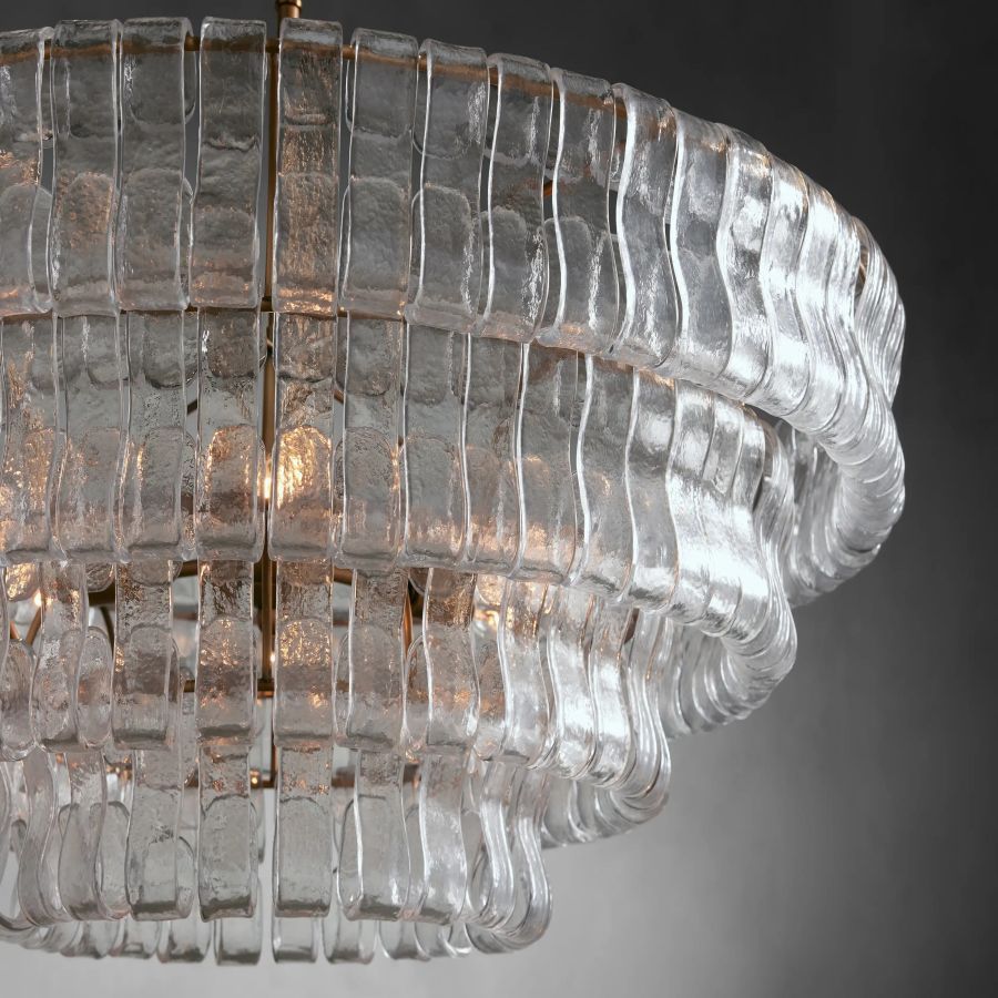 Givrelle round chandelier detail of the clear tiered ice-glass shades