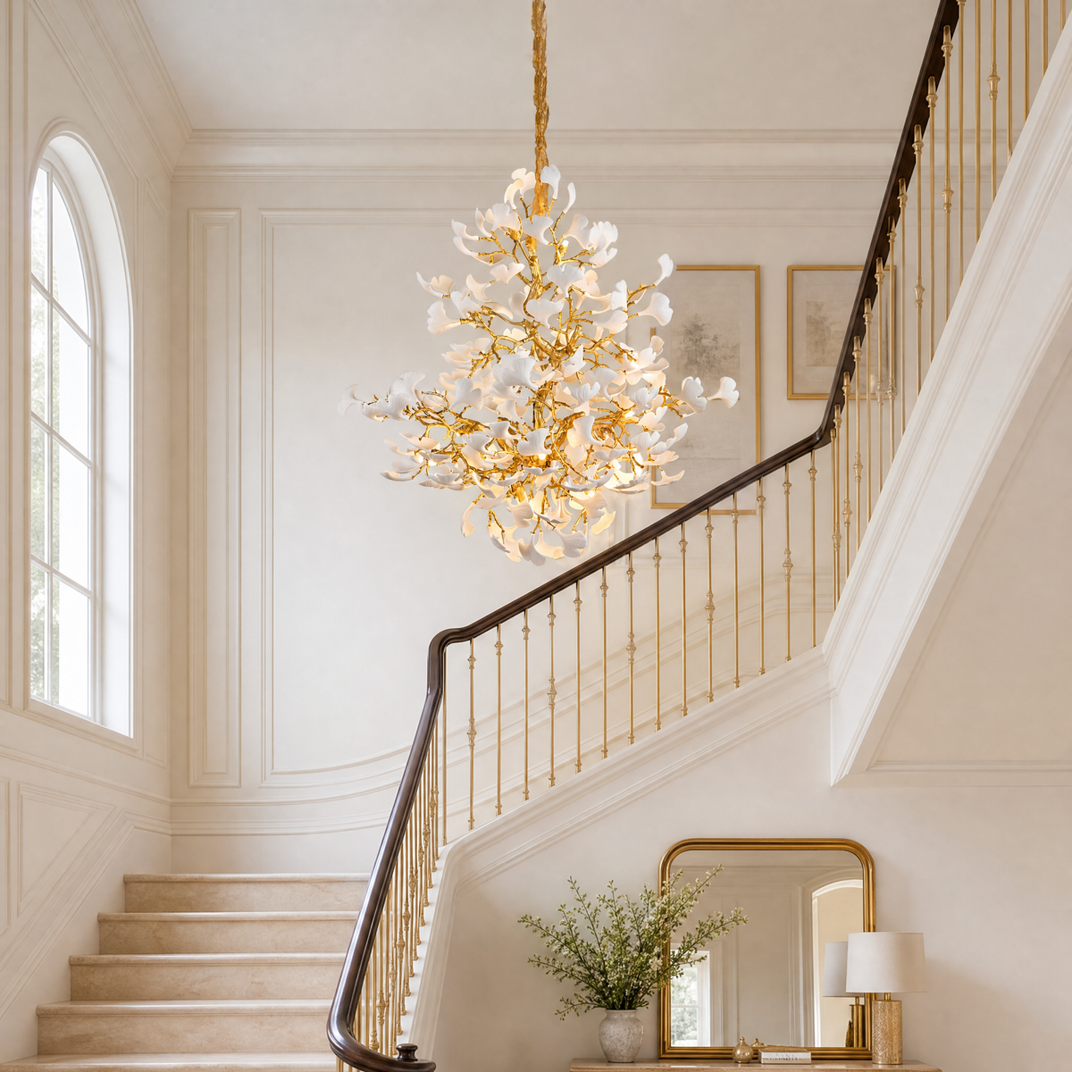Moon Ring Ceramic Ginkgo Leaf Staircase Chandelier D1200 - Gold
