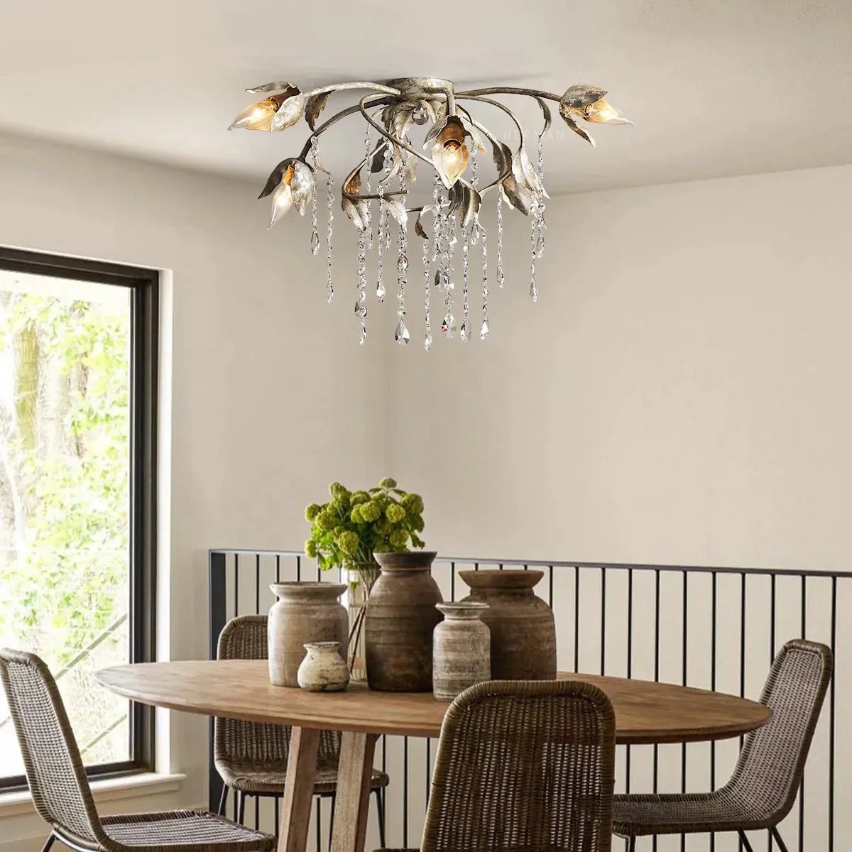 Viticcia Flushmount 24" 32" styled in a modern bedroom