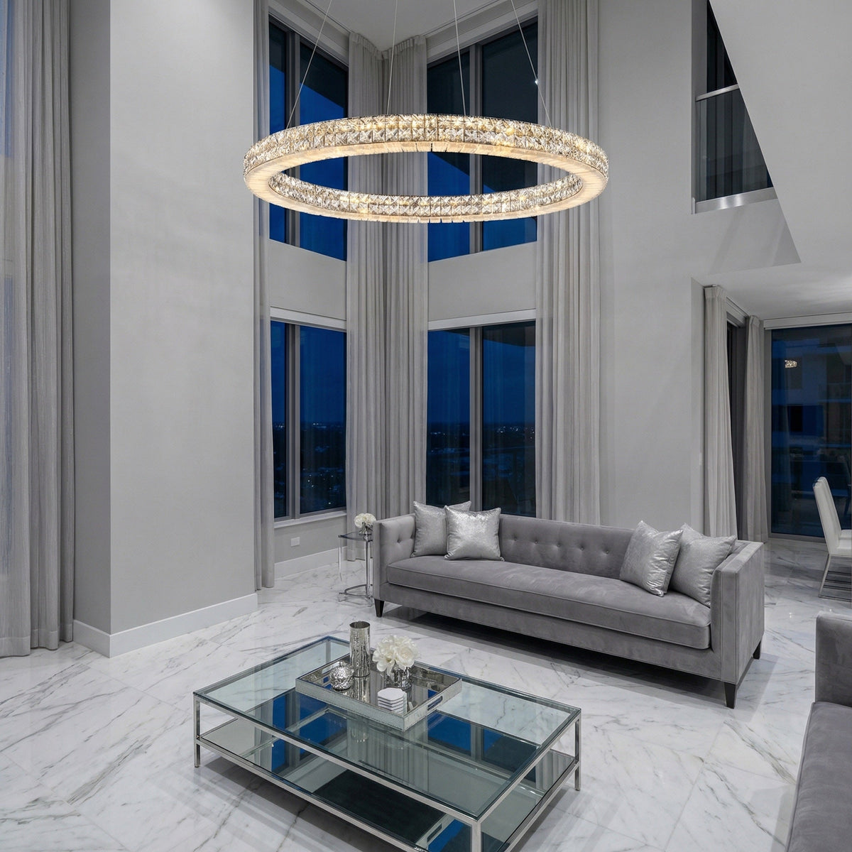 Modern dining room 31 inch crystal & alabaster ring chandelier over table — Yiosi Vera chrome
